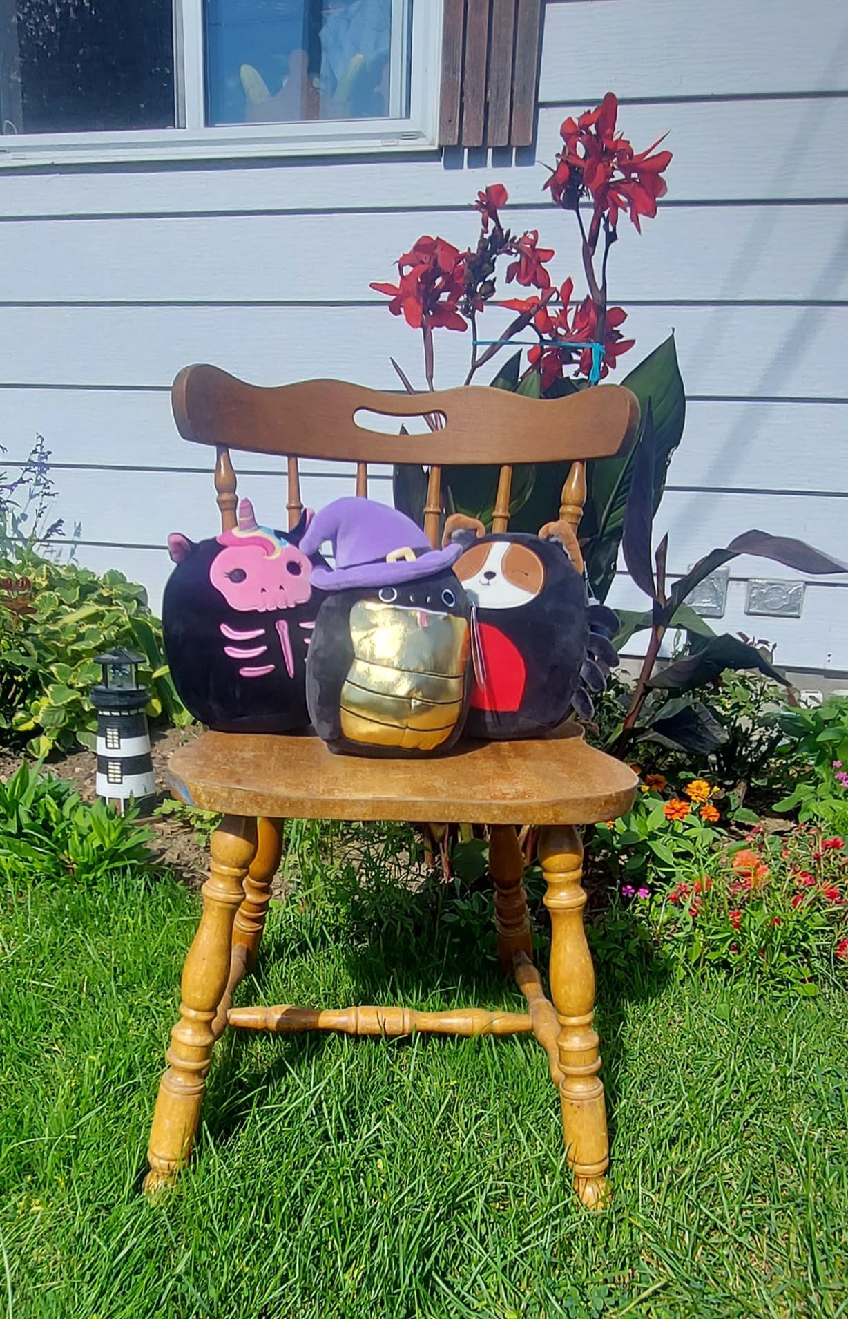 A kitchen chair is on a green grass lawn, four Halloween themed Squishmallows sit on it